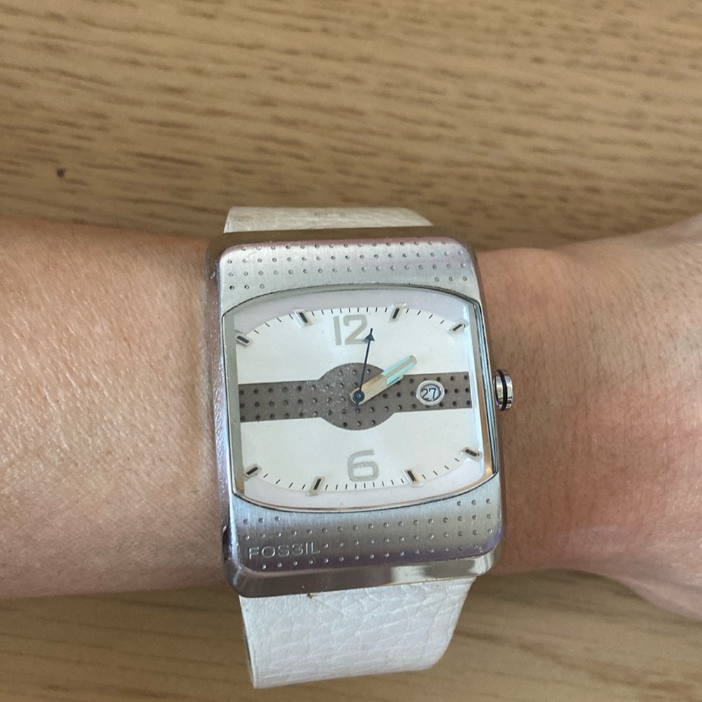 Men's Fossil JR-9639 Stainless Steel Date Wide White Leather Watch